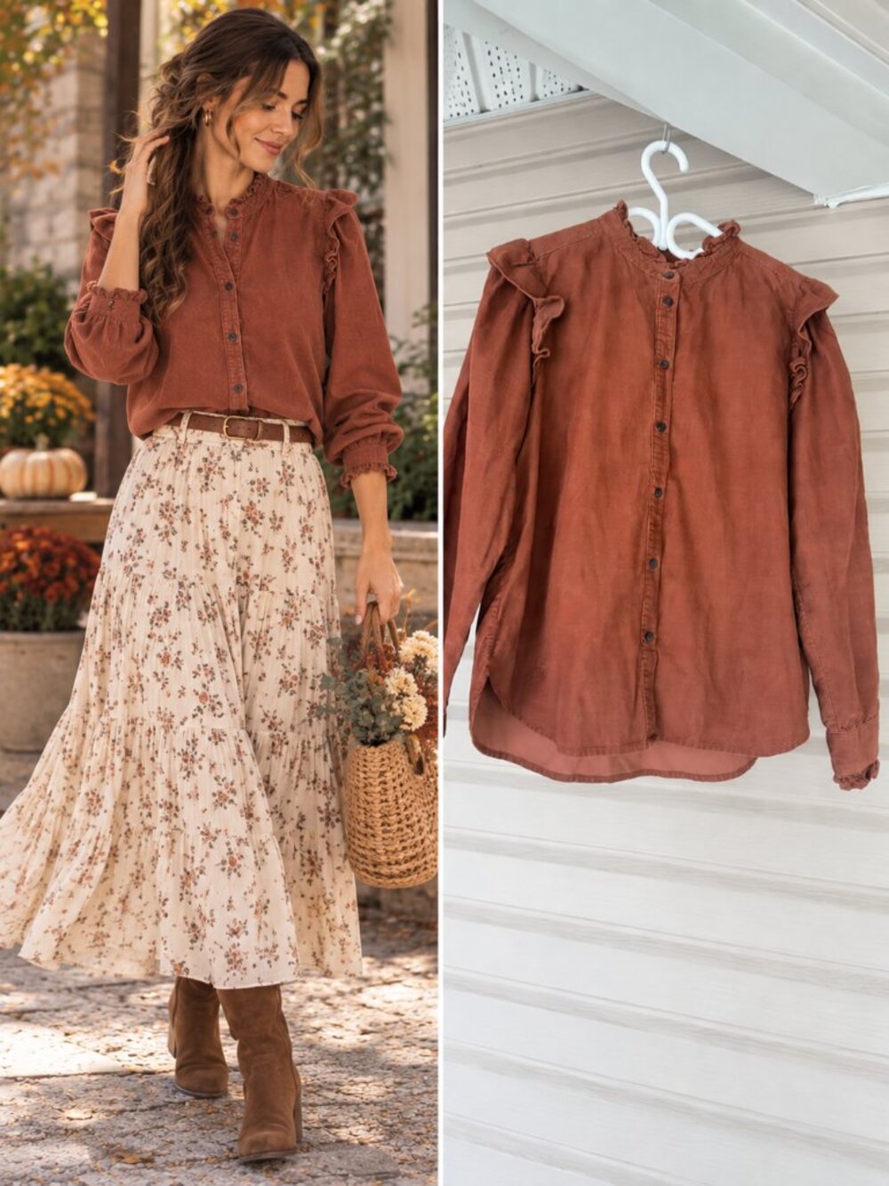 GAP Rust Brown Corduroy Button Front Blouse Ruffle Detail Boho M